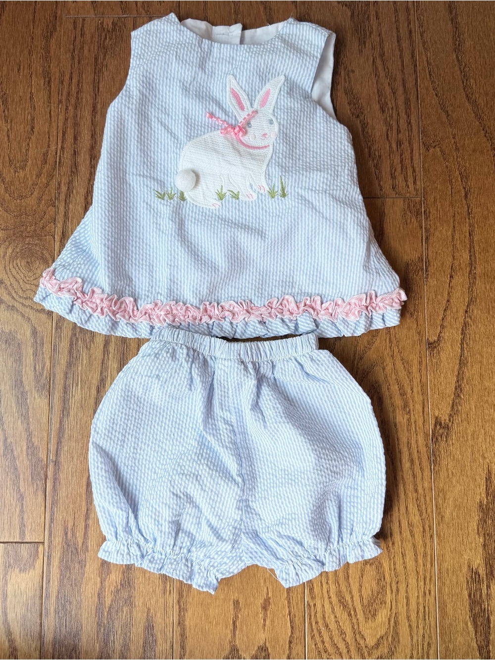 Seersucker Bunny Set in Light Blue with Pink Trim - Picture 2 of 10